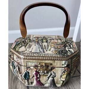 Wood Box Purse Anthony Gruerio Victorian Town Print Lucite Handle Vintage